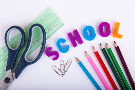 School stationery on white background Stock Photo